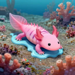 pink axolotl melting into the coral reef in the style of lsd