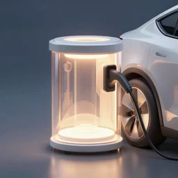 electric vehicle plugged into a glowing sci - fi container, a sense of hope and optimism, hyper realistic, high res, 4 k, harsh light, edouard groult, kirill leonov, isaac zuren