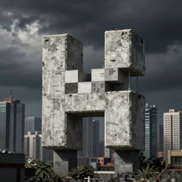 a weathered concrete minecraft logo over pyongyang skyline. heavy shadows. dystopic. hyper realism. 8k