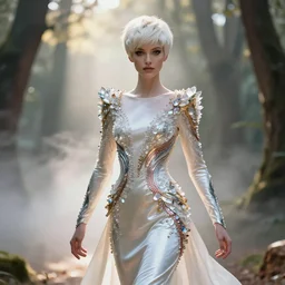 beauteous practical catwalk elegant pixie, cinematic forest lighting, crystalline masterpiece incrustations, hyperdetailed metalwork, dancing in volumetric soft glowing mist, elegant pose, white pearlescent, chrome, iridescent titanium, crystal, liquid gold, copper, bronze, movie still, octane render, unreal engine, crepuscular rays,
