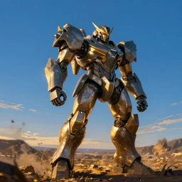 armored core v by liam wong ; outdoor, pure blue sky, wilderness ground, golden time, twilight ; digital painting, dynamic contrast, bokeh, photoreal, cinematic,