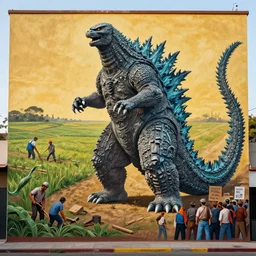 godzilla portrait with farmland, workers, tools, protest crowds, workers uniting, lots of detail, golden hour, mural by diego rivera