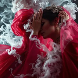 wedding from hell, by tom bagshaw and greg rutkowski, red fabric, fiber amethyst weaving into strands of smoke and brass and iron metal filigree joining into carbon fiber strands, fractal shapes, white explosions, dramatic lighting, ultra detail, close up, dof, smooth render, cinematic, octane render