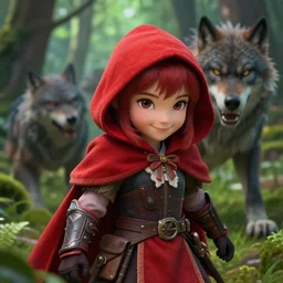 portrait of a smirking heavily armed little red riding hood with a cute and beautiful face, getting attacked by a werewolf from behind in a lush green forest, sharp focus, unreal engine 5, digital illustration, volumetric light, highly detailed, intricate, by michael whelan, james gurney, 8 k