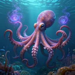 realistic 3 d render of octopus with swirling detailed magical tentacles, holding illusions, in a fantastical ocean, octane render