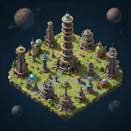 isometric view of a colony on a strange planet, from a game, high quality graphics, unreal engine