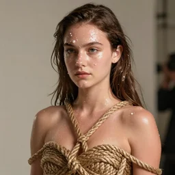 young mila kunis wearing a risque outfit made from ropes, half body portrait, greg kutkowski, sharp details, soft lighting, subsurface scattering, pearls of sweat, glistening skin, warm lighting