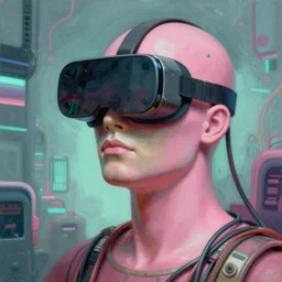 Tristan Eaton & Greg Rutkowski, award winning masterpiece with incredible details, Zhang Kechun, a surreal vaporwave vaporwave vaporwave vaporwave vaporwave painting by Thomas Cole of an old pink mannequin head wearing VR goggles with cables and wires coming out of it's neck, highly detailed