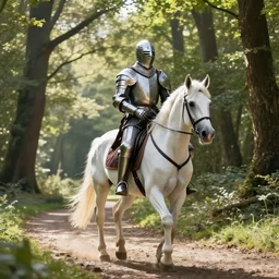 An English knight in shining armor is riding a white horse along a path through a forest. It's noon. The sun shines brightly through the trees.