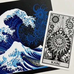 Lord of Sea Serpents by Hokusai and James Gurney + Black paper with intricate and vibrant blue line work + Tarot Card + Mandelbulb fractal + Full of silver layers + Trending on Artstation + Incredible + Black and blue gothic illustration + Exquisite detail