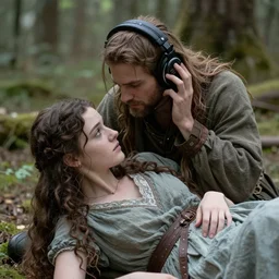 realistic environment, photographic quality, a Druid wearing headphones tries to rescue a damsel in distress