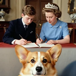 5 0 mm f / 2 1 9 4 6 historical photo, of a corgi and a young queen elizabeth signing a peace treaty, french village interior, an!!! adorable corgi!!! watches from below, highly detailed, sharp focus, symmetrical face