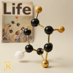 realistic photo of a molecule model, brass sticks 1 9 6 0, life magazine photo, natural colors, metropolitan museum, kodak, 8 k, very detailed, high resolution, product photo, octane render