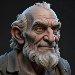 A highly detailed portrait 3D render of a craggly old man, wise, gaunt, ancient. Smiling. ZBrush, Blender.  Trending on cgsociety.  Dramatic lighting.  Beautiful.  By Mark Mann and Jimmy Nelson.