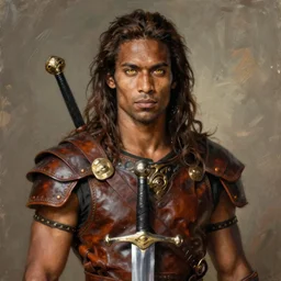 thomas serpentwind, solo male weary soldier, young adult, very long brown hair, golden eyes, ethiopian, muscular, leather armor, shortsword, clear symmetrical eyes, a male dnd fighter's portrait, clear eyed, realistic, by brian patterson and rhads!!!, palette knife background