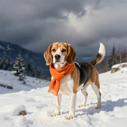 beagle, in the snow, with an orange scarf, watercolor