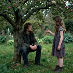 a man sits an apple tree in a secret garden. a girl holds a key. folk horror