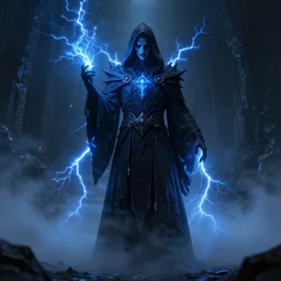 character design, dark arcanist, blue lightning, blue mist, fog, scary, photorealistic, unreal engine