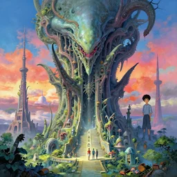 non-euclidean eldritch alien building by Greg Rutkowski, Zdzislaw Beksinski, Makoto Shinkai, Paul Lehr and M. C. Escher, digital art, vibrant color, trending on artstation, HD, 8K, highly detailed, good lighting, beautiful, epic, masterpiece, surreal, detailed, sharp,-H 512