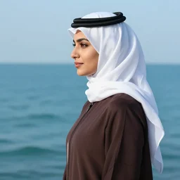 a portrait of a saudi woman with side profile blood in ocean intricate details by MARVEL comics and Sandra Chevrier-C
