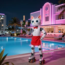 an attractive cat robot waitress on rollerblades with a tray with a champagne bottle and two champagne glasses, scene is a futuristic cocktailbar on the side of an infinitypool outside in a miami art deco hotel, nikon photography, 3 5 mm, at night with pink and blue neon light, hyperdetailed, funny, caricature