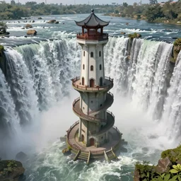 Wide waterfall with a tower on top. Tower surrounded by an external spiral staircase. Distant bird's eye view showing the entire structure. Detailed gorgeous art, trending on ArtStation by Ted Nasmith.