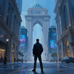 hyperrealistic and beautiful painting of a man standing on the street of a grand and lofty cityscape, classical architecture, technological lights, screens, cyberpunk style, 8 k resolution, by hugh ferris and john smith, polished, fine detail, intricate, blue color scheme, cyberpunk style, smooth, octane, concept art, trending on artstation