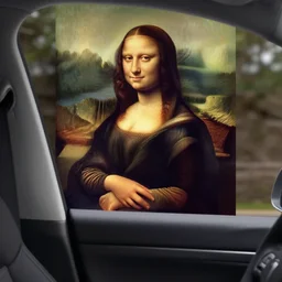 La Mona Lisa painting driving a Tesla car