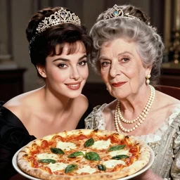 young beauty sophia loren, meets old queen margherita of italy, pose with a pizza margherita, tiara, pearl necklace, beautiful, stunning, smooth lighting, exquisit detail, masterpiece, movie star meets royalty, historical photo by letizia battaglia