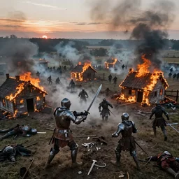 knights in battle, rusted armor, swinging swords, kicking, stabbing, burning houses, running, fear, sanguinary, flying mud, debris, dawn, hate, boots, smoke vorticies, fighting, field, burning houses, dead bodies, wet, dawn, cold breath, hyper realistic, high octane, hyper detailed, cinematic, drone shot from above