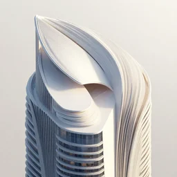 unfinished sculptural pleated curved roof planes lift and descend creating shade and architectural expression, dramatic form, 3 d top view axonometric, surreal skyscraper, morning light, lightweight structures, isometric view