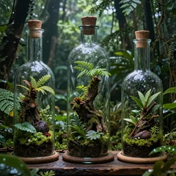 lush rainforests in mccartney bottles, terrarium worlds, highly detailed