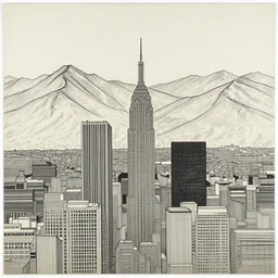 cityscape surrounded by mountains by dan mumford and peter doig and edward hopper, symmetrical, minimal, black ink, thick lines highly detailed, muted colours 8 k