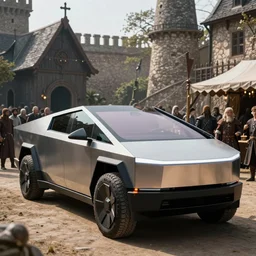 tesla cybertruck in a medieval setting