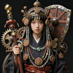 hyper realistic portrait of japanese death cult monk girl staff and shield, glass beads, clay amulets, gears, machine parts, tubes, cinematic, artstation, cgsociety, pascal blanche