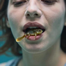 a woman underwater with a mouth full of tadpoles closeup 3 5 mm cinematic light