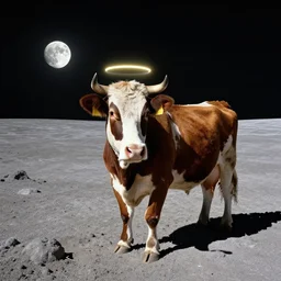wide angle view, colored photo of a cow on the moon, divine halo circle on its head, photorealistic, 8 k