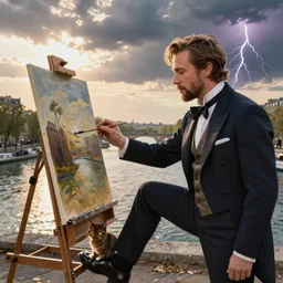 mcgregor is dressed as a gentleman at early 2 0 th century paris. he is watching an easel. that easel has a canvas on it. ewan mcgregor has a brush on his hand. he is painting a painting. there is a small brown cat with yellow eyes on ewan mcgregors feet. on background has river seine, morning sun, dark clouds, lightning, by jack kirby