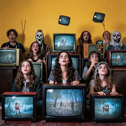 many people are turning off their tv sets as they are looking upwards. folk horror. climate change. vibrant
