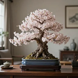 a sakura bonsai tree on a desk in a living room, beautiful, high detail, cinematic, instagram,