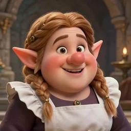 Portrait of a cheerful chubby female dwarf royal maid in the dwarven stone palace, highly detailed face, neat intricate complex braided hair, big nose, realistic, beautiful plump body, fantasy art, dungeons and dragons, lord of the rings, in the style of Thomas Kinkade and Wojciech Siudmak, pleasant cozy atmosphere, illustration, fantasy, intricate, hyper detailed, artstation, concept art, smooth, sharp focus, ray tracing, vibrant