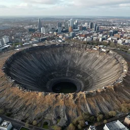 a large nuclear crater in london, realistic, taken on drone camera.
