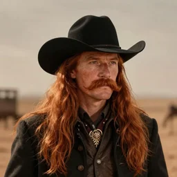 portrait drunk cowboy redhead long hair, big moustache, black stetson and coat, dusty backgroung, albert bierstadt, frank tenney johnson