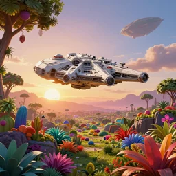 millenium falcon in the sky, sunrise in alien planet, full of vegetation, colourful plants, trees, vibrant colours, beautiful matte painting, dreamy, high detail, artstation