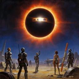 a total solar eclipse fills the sky, space warriors on a futuristic battlefield stop and look up as the sky goes dark. future. clear, detailed, well composed beautiful painting by michael whelan and artgerm and and magali villanueve, dramatic lighting, rich bright colors.