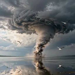 a tornado!! made of seagulls, windy, cloudy, realistic reflections, cinematic lighting, fine details