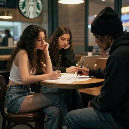 hot girls sitting at starbucks being drawn by creepy guy in beanie, 8 k resolution, cinematic lighting, anatomically correct