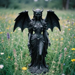 mystical black death god figure statue in tall meadow of flowers, film photo, grainy, high detail, high resolution