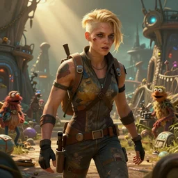 science fiction, awkward flustered brilliant stoic heroic muscular blonde butch injured tomboy woman engineer with undercut blonde hair, arriving at a primitive alien village, jim henson creature shop, extremely detailed, cinematic lighting, illustration, digital art, crepuscular ray, trending on artstation, art by greg rutkowski, golden ratio
