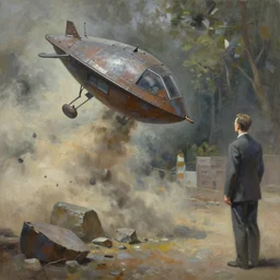 a sculpture made of steel, depicts yuuta bond touching down in a drop pod in a plume of dust and rocks. a town councilor watches silently from afar. the work is infused with the idea of despair and is done in an impressionistic style. unusually for this kind of work, the scene takes place inside a district built near a forest